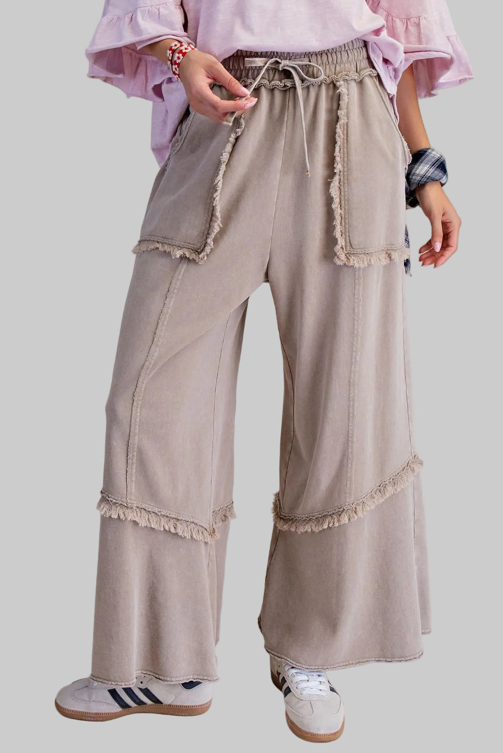 WIDE LEG WASHED TERRY PANTS - MUSHROOM