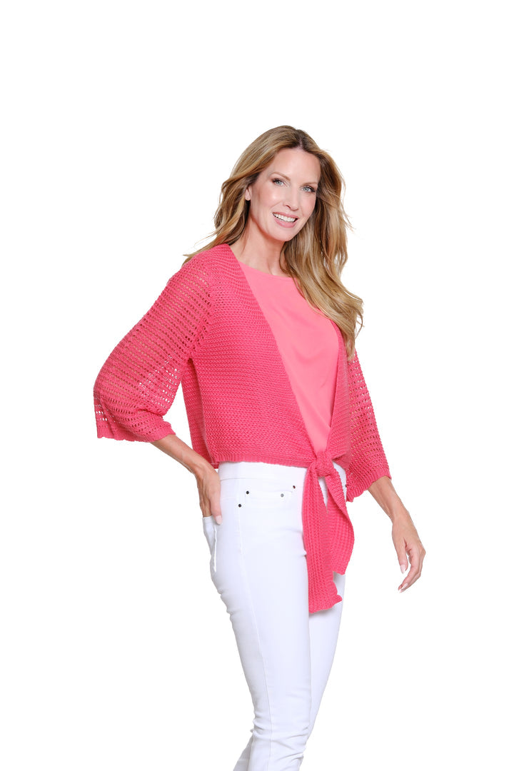 3/4 SLEEVE TIE FRONT KNIT SWEATER CARDIGAN - CORAL PINK