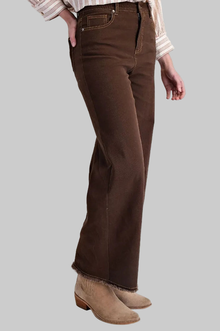 FRAY BOTTOM WASHED STRETCH TWILL PANTS - COFFEE