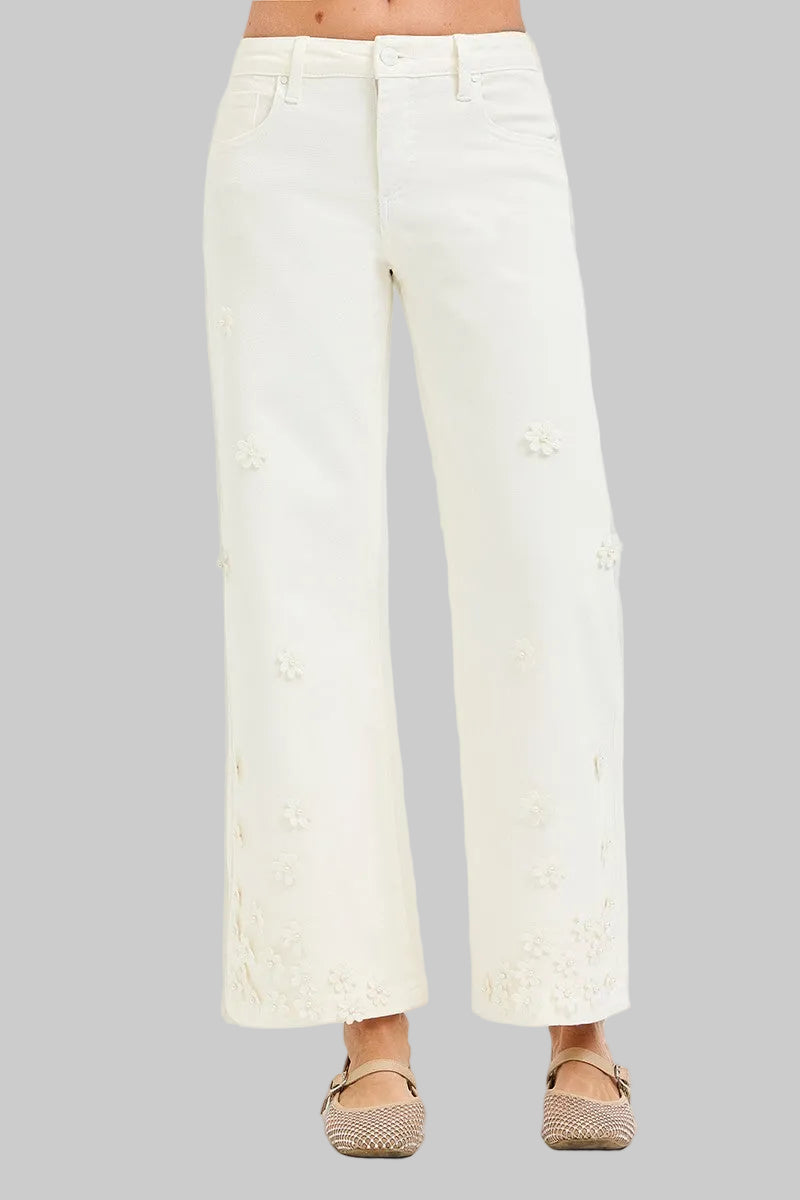 RISEN MR TUMMY CONTROL FLOWER CROP WIDE LEG - CREAM- 27" INSEAM