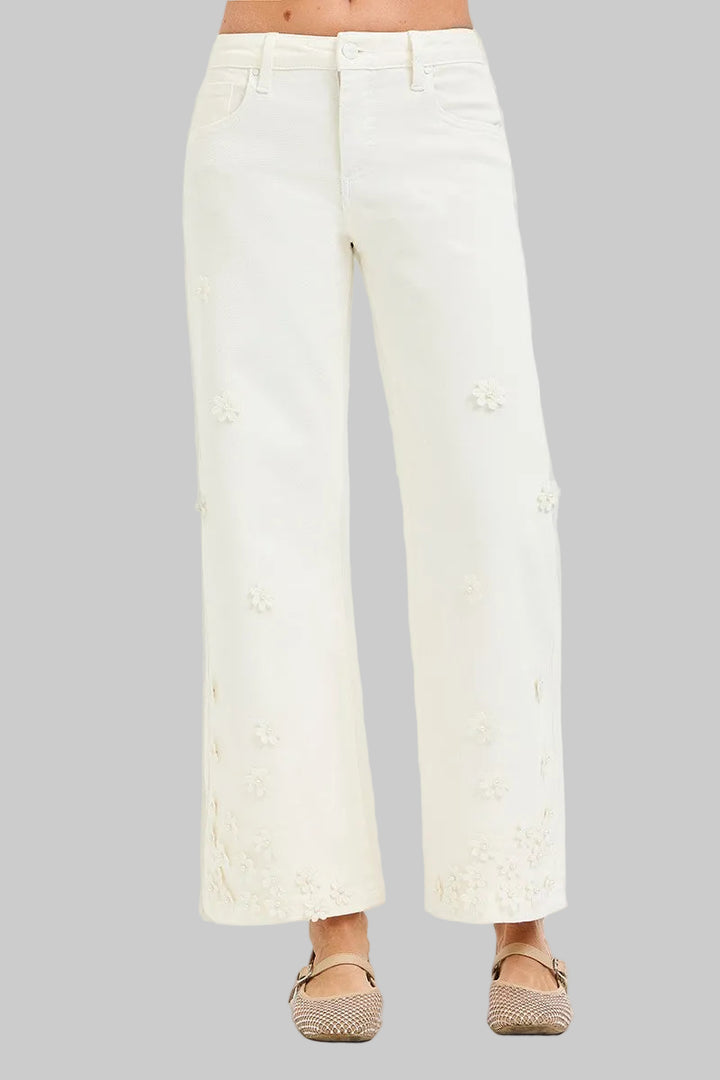 RISEN MR TUMMY CONTROL FLOWER CROP WIDE LEG - CREAM- 27" INSEAM