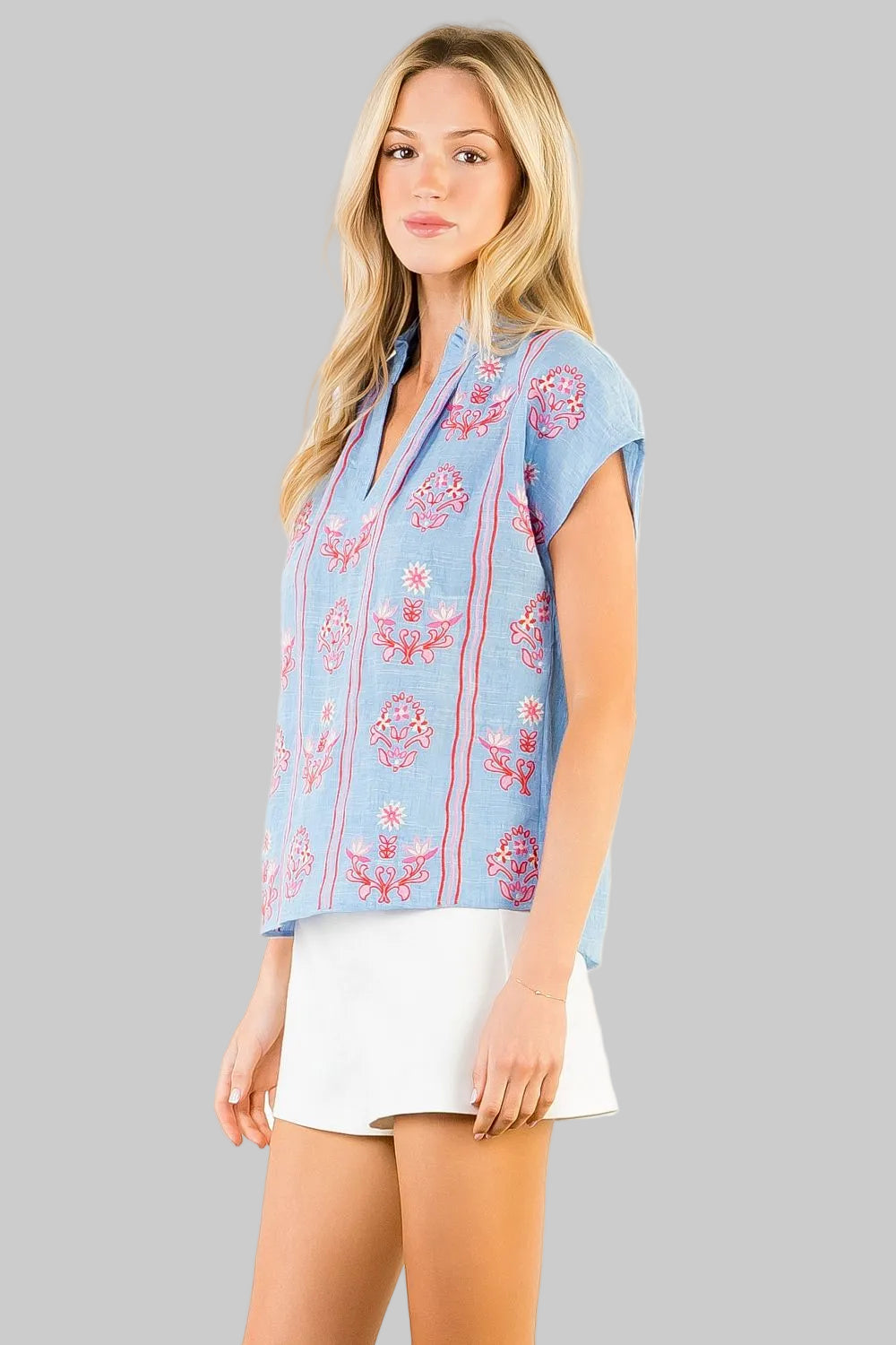 SHORT SLEEVE SPLIT V-NECK PATTERN TOP - BLUE