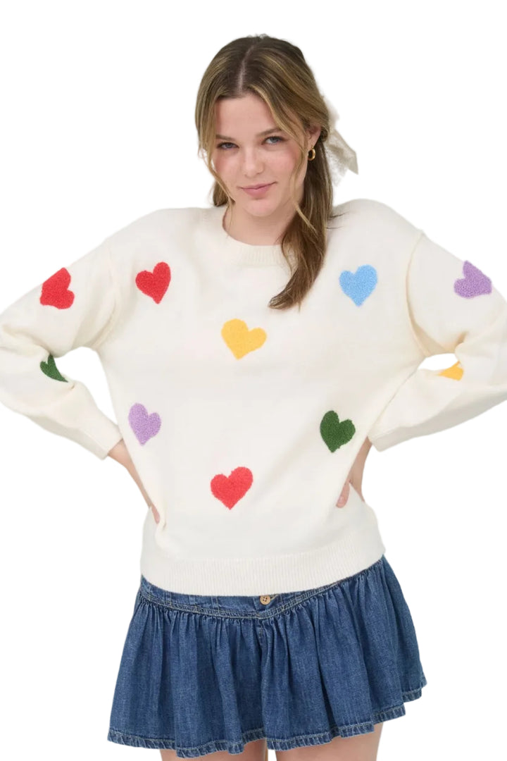 MULTI-COLOR HEART CREW NECK SWEATER - IVORY