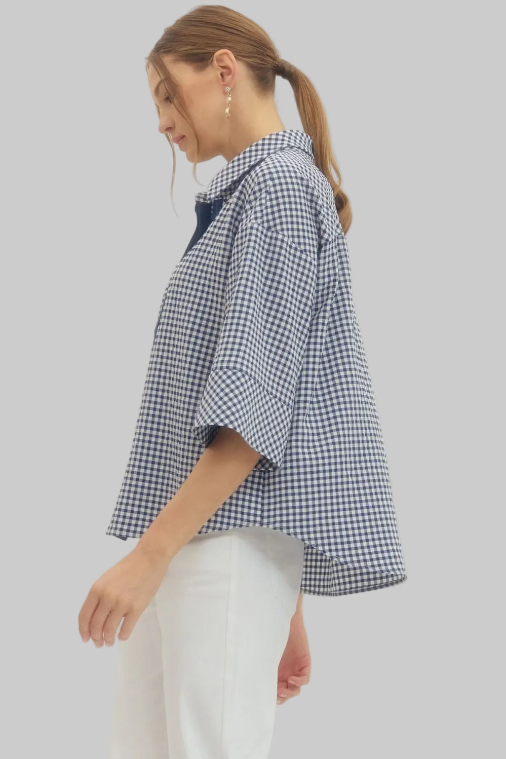 3/4 SLEEVE COLLARED BUTTON FRONT GINGHAM TOP - NAVY