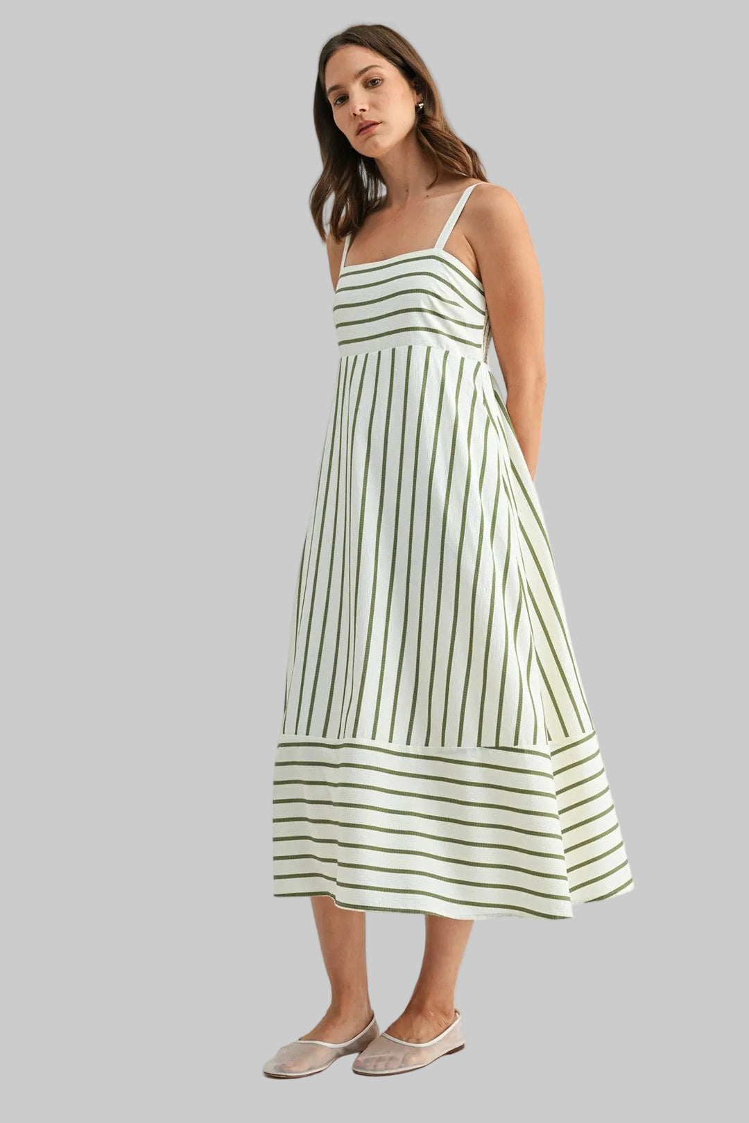 SPAGHETTI STRAP STRIPED MIDI DRESS - OLIVE