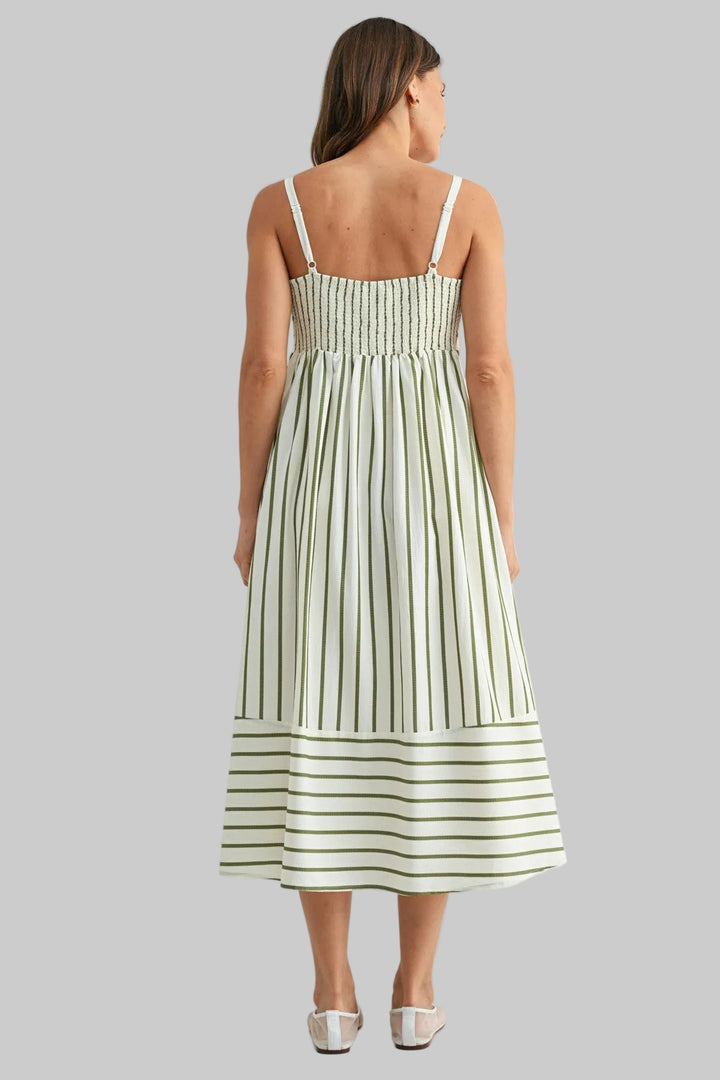 SPAGHETTI STRAP STRIPED MIDI DRESS - OLIVE