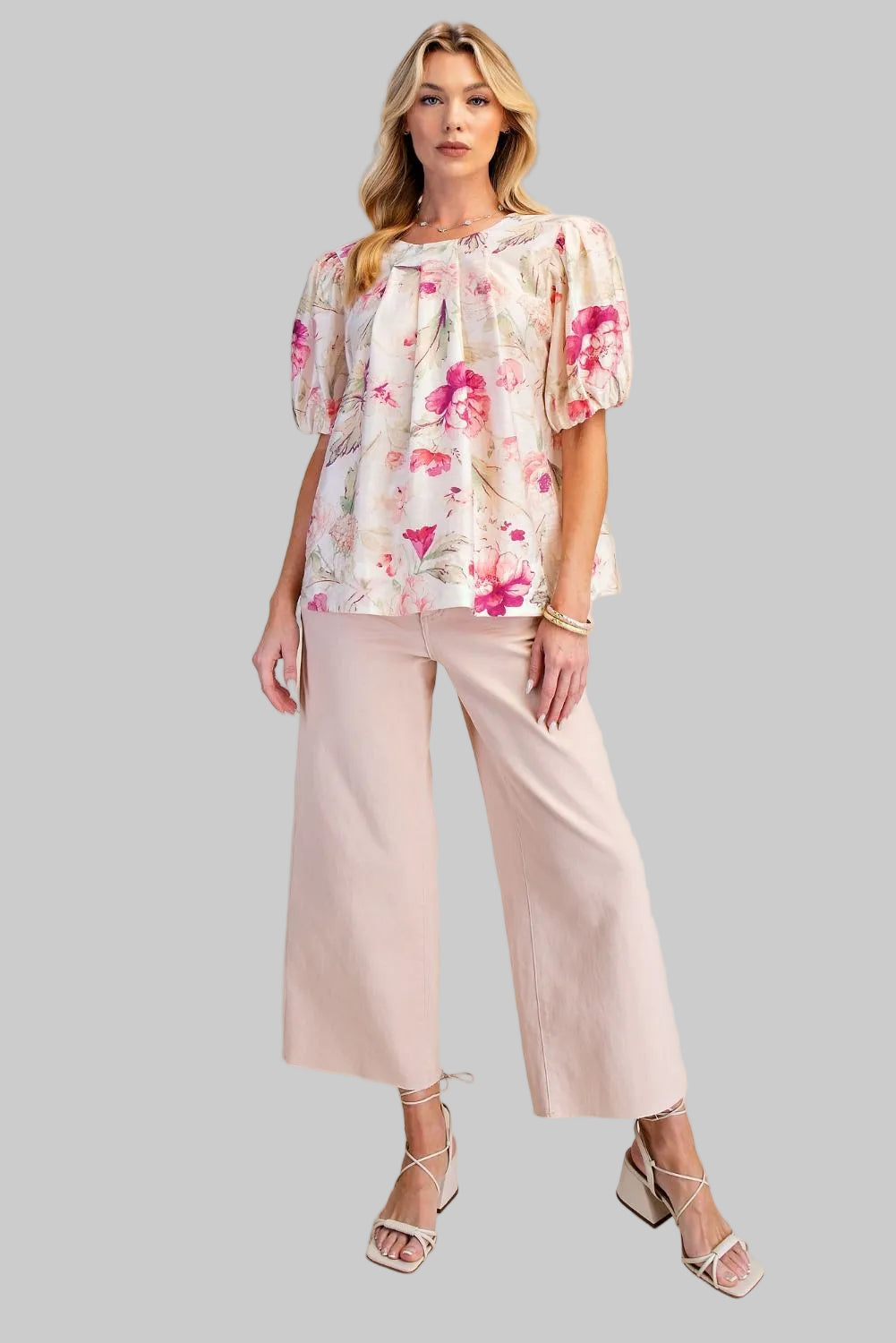 PUFF SHORT SLEEVE FLORAL BOW BACK TOP - NATURAL