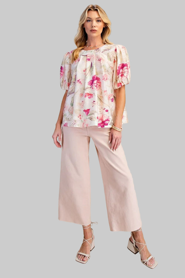 PUFF SHORT SLEEVE FLORAL BOW BACK TOP - NATURAL