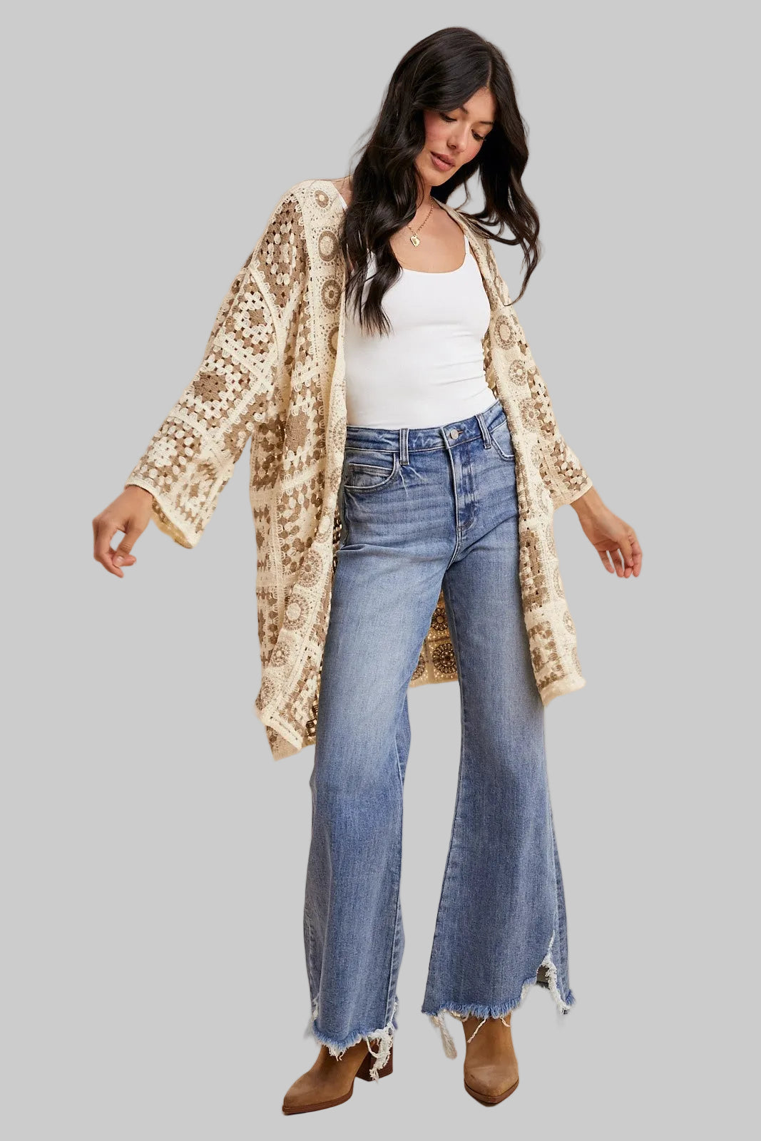 LONG SLEEVE CROCHET LONG OPEN CARDIGAN - CREAM/MOCHA