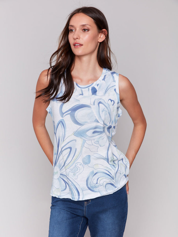 SLEEVELESS ORGANIC COTTON SLUB KNIT TOP - SWIRLS BLUE