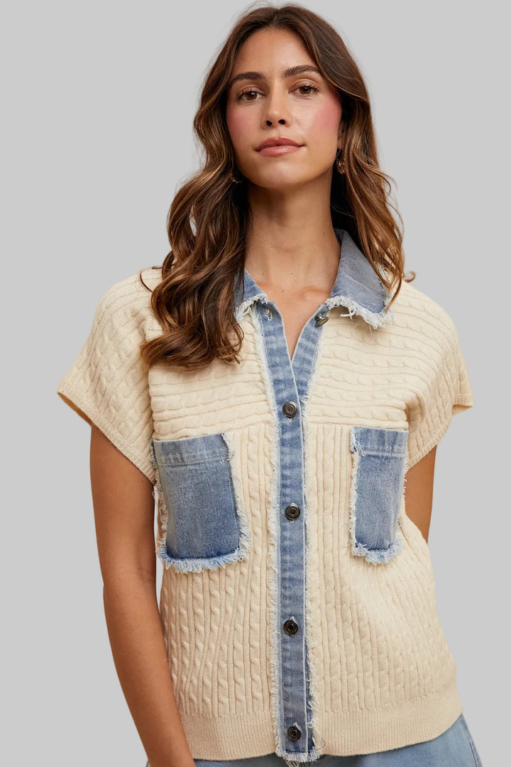 SHORT SLEEVE DENIM MIX BUTTON DOWN SWEATER - CREAM