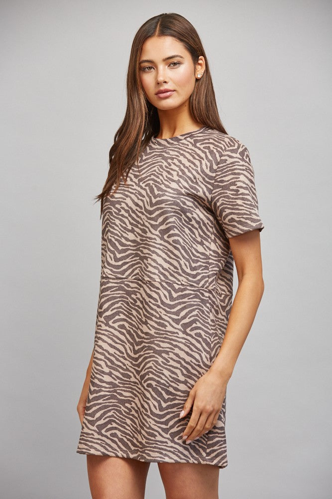 ANIMAL PRINT FAUX SUEDE SHIRT DRESS - MAUVE BROWN