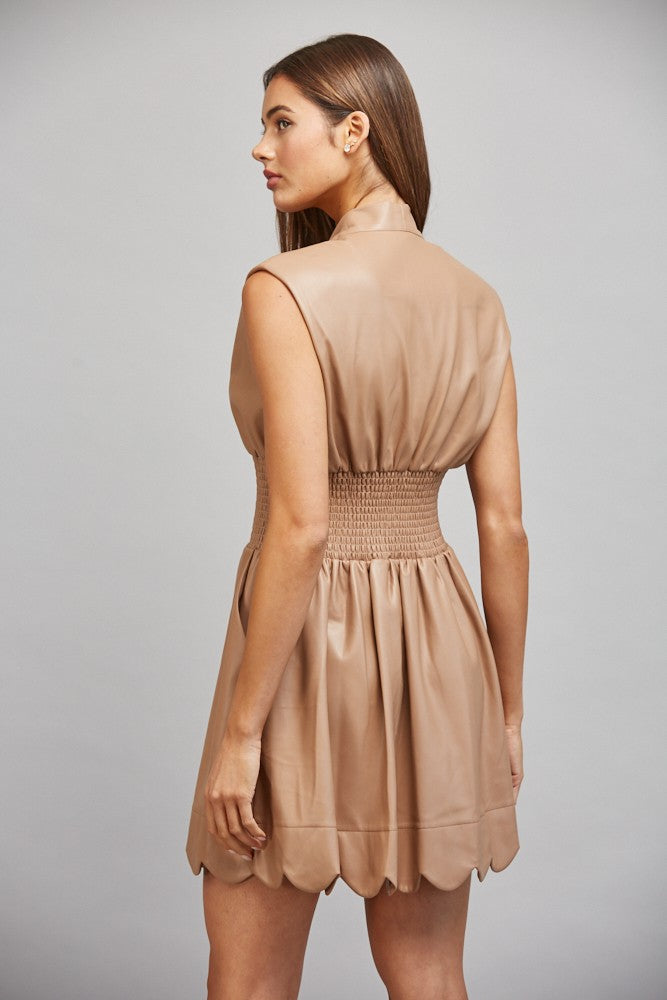 SLEEVELESS FAUX LEATHER SMOCKED ZIP FRONT DRESS - LATTE