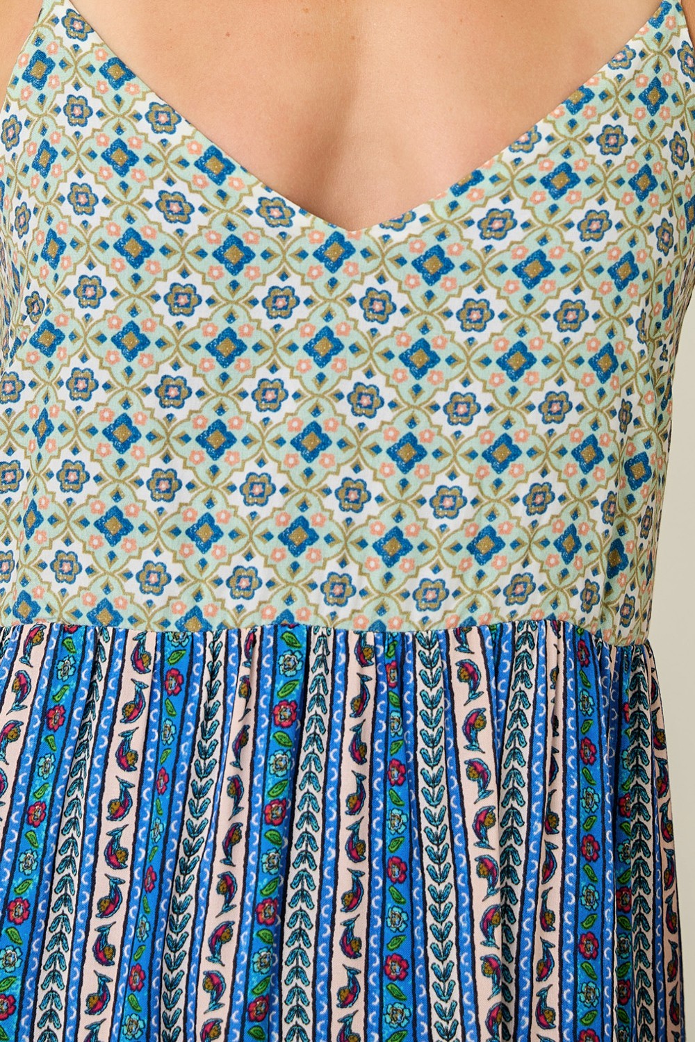 COLOR BLOCKED BOHO CHALLIS TIERED SUN DRESS - SAGE/BLUE