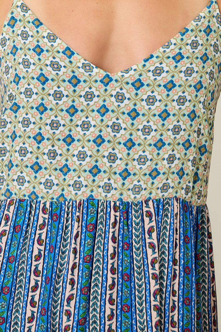 COLOR BLOCKED BOHO CHALLIS TIERED SUN DRESS - SAGE/BLUE