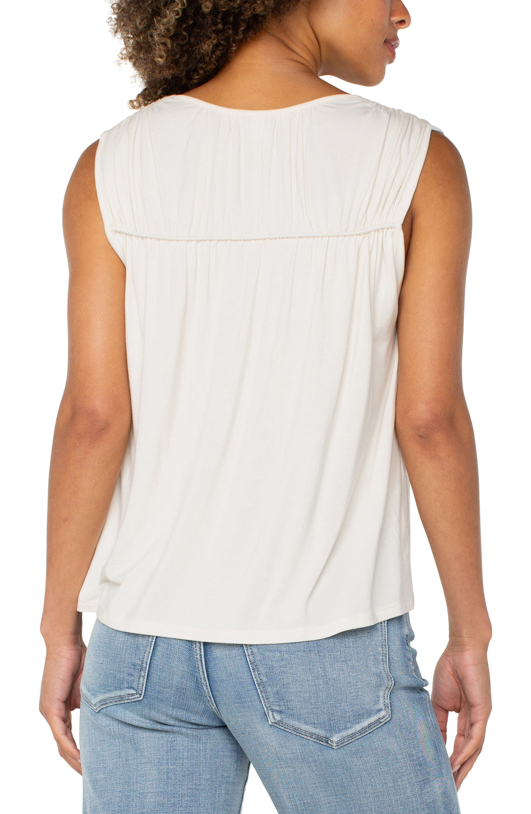SLEEVELESS SHIRRED DETAIL KNIT TOP - WHIPPED CREAM