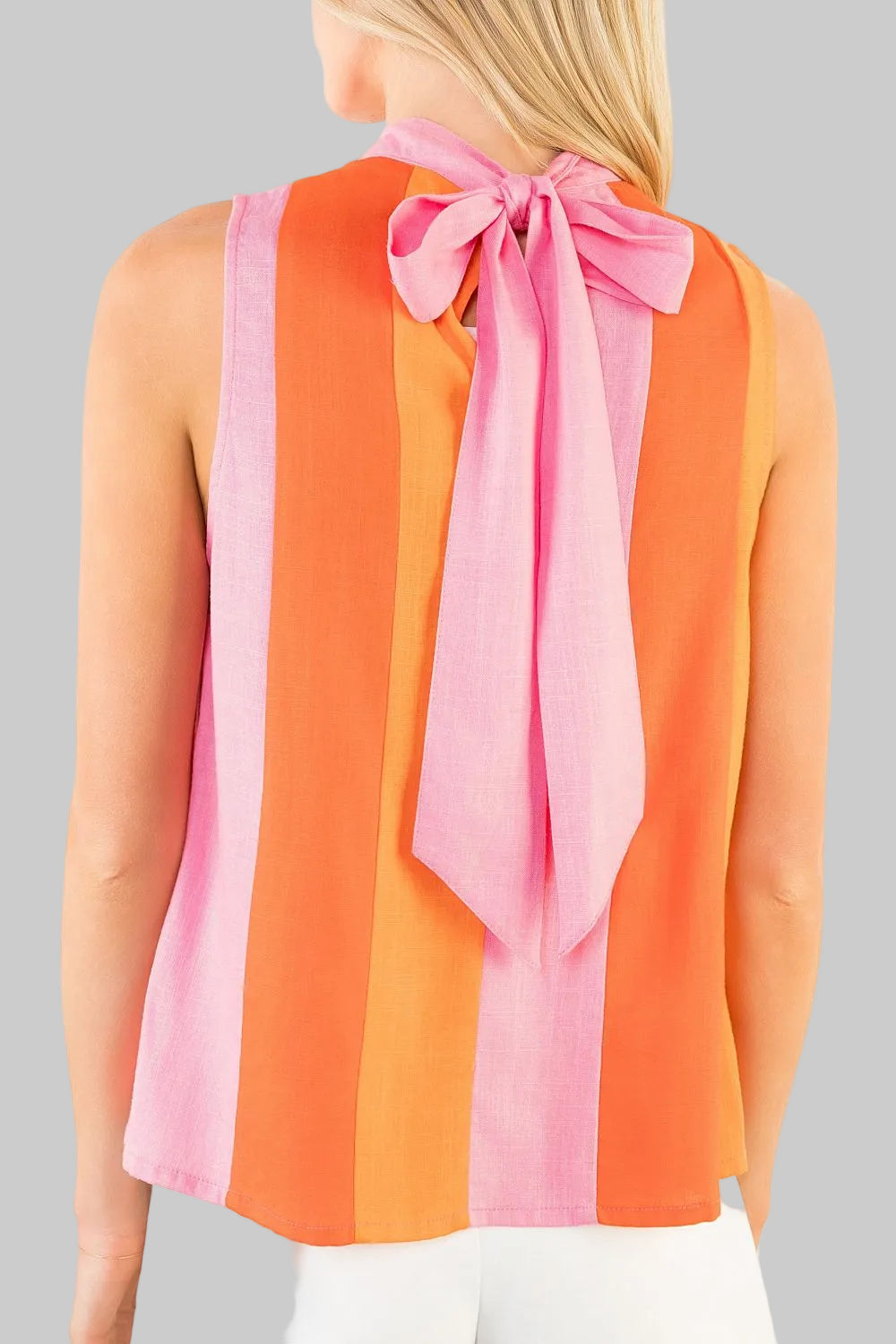 SLEEVELESS STRIPE TIED BACK TOP - PINK/ORANGE
