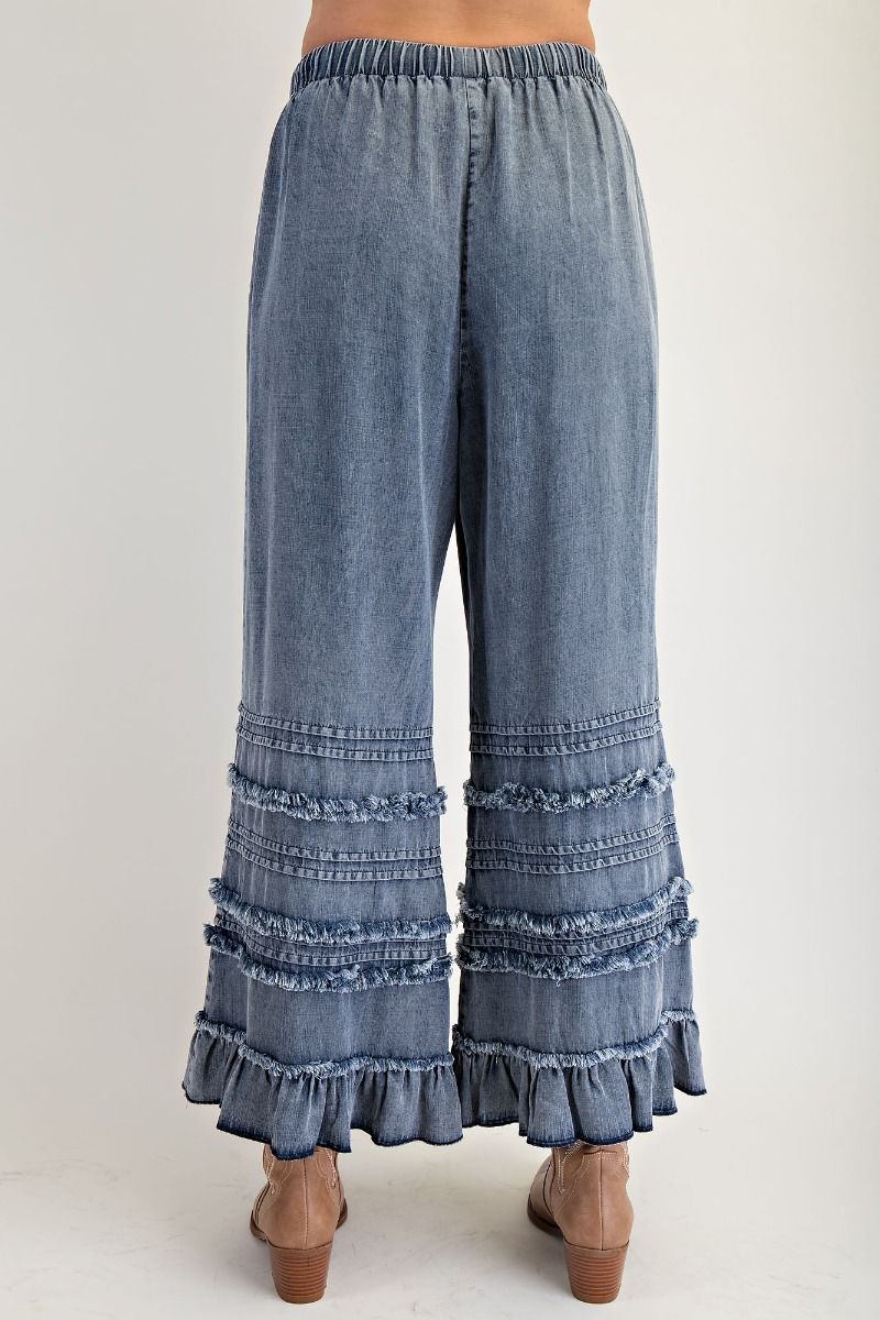 FRAYED WASHED RUFFLE HEM CHAMBRAY PANTS - DARK DENIM