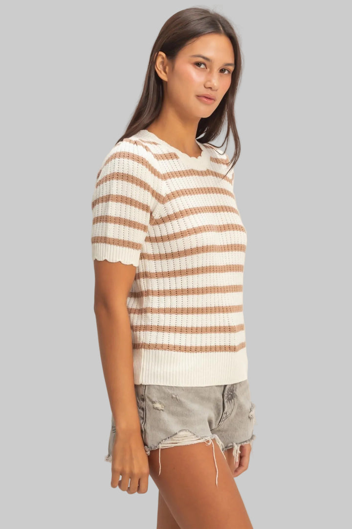 PUFF SLEEVE SCALLOP EDGE STRIPED KNIT TOP - TAUPE