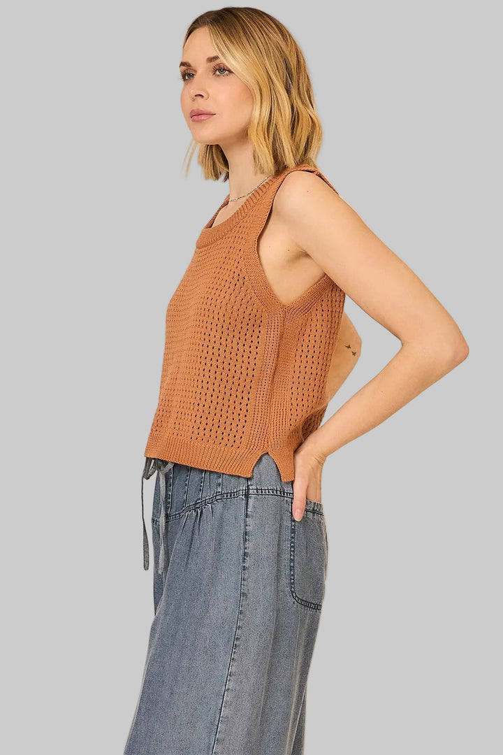 OPEN KNIT COTTON SLEEVELESS TOP - CARAMEL