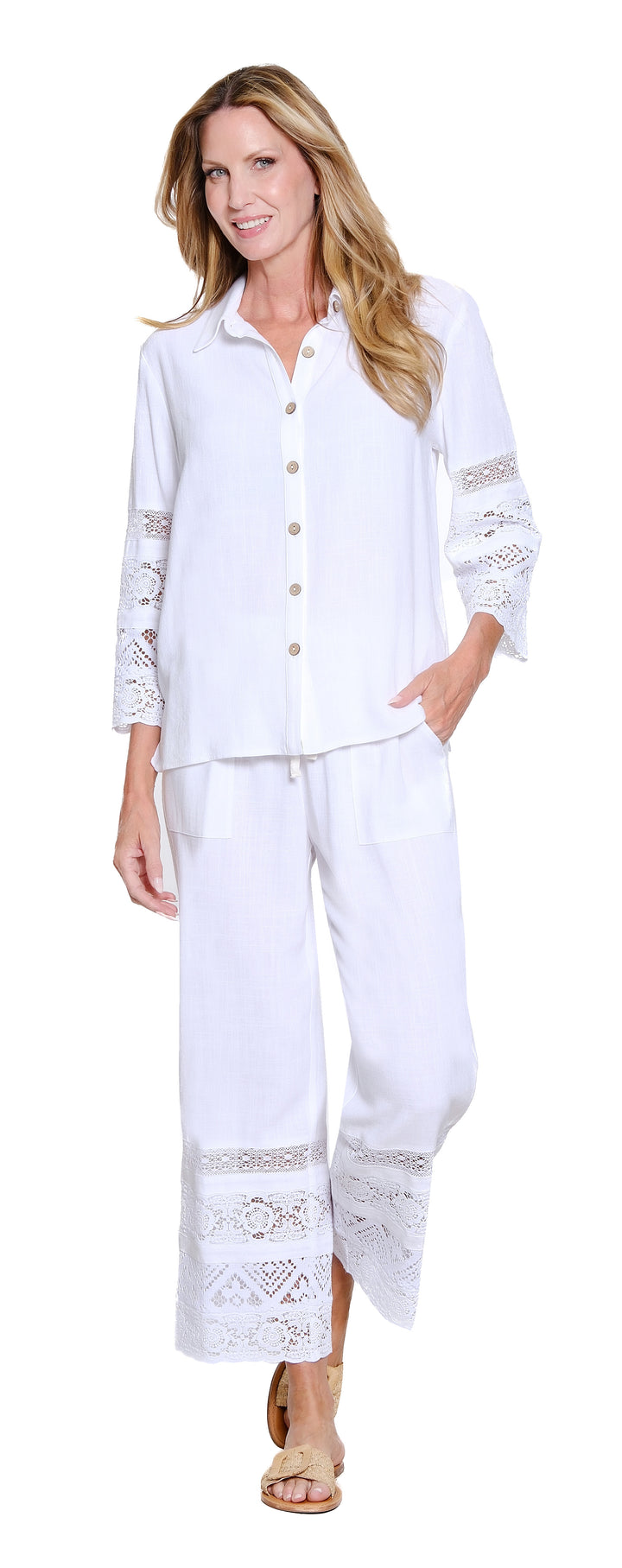 3/4 SLEEVE BUTTON FRONT SHIRT W/LACE TRIM - WHITE