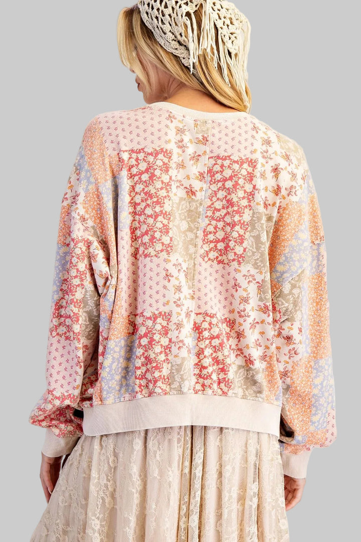 FLORAL PATCHWORK PRINTED WASHED TERRY PULLOVER - BLUSH