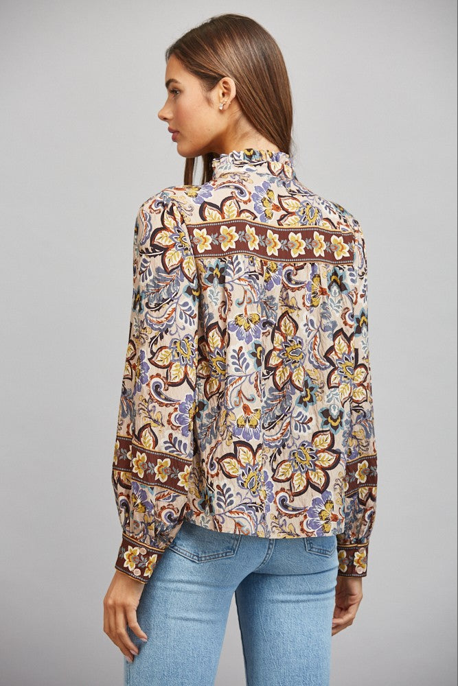 LACE TRIMMED STAND COLLAR  LONG SLEEVE BLOUSE - CREAM MULTI