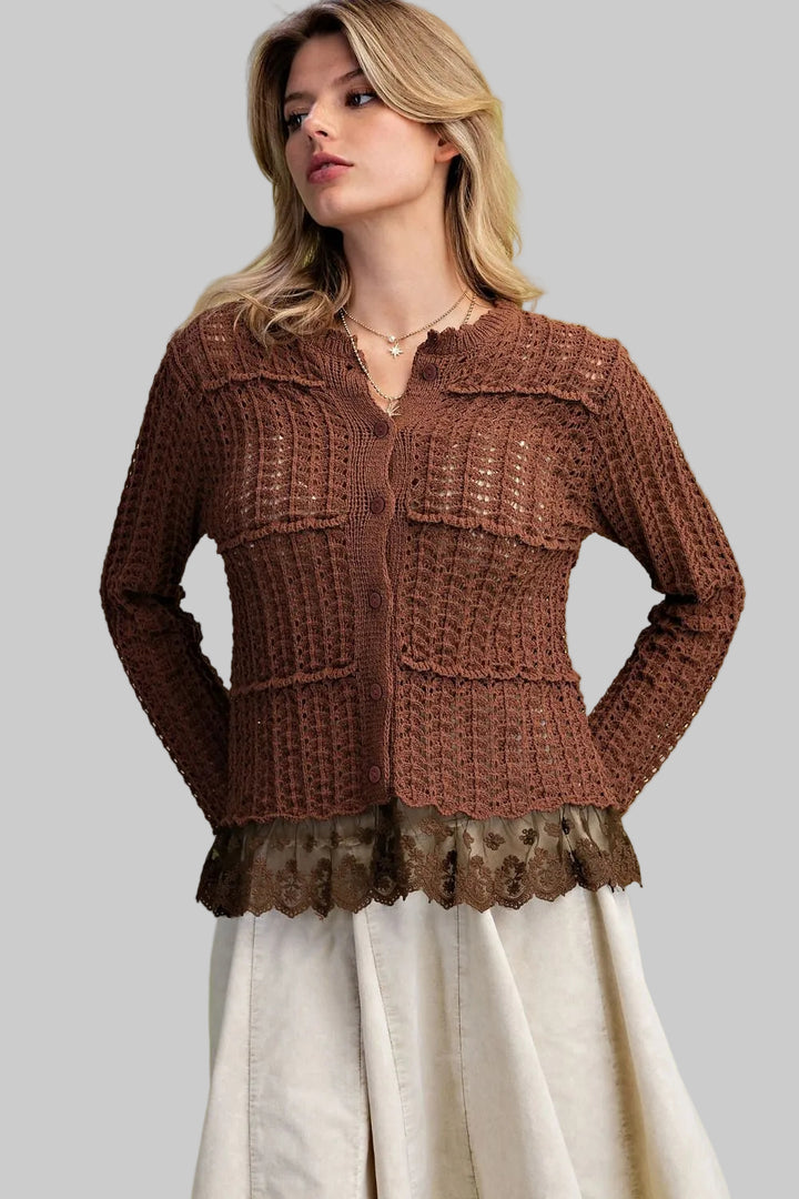 L/S LACE BOTTOM KNIT CARDIGAN - BROWN