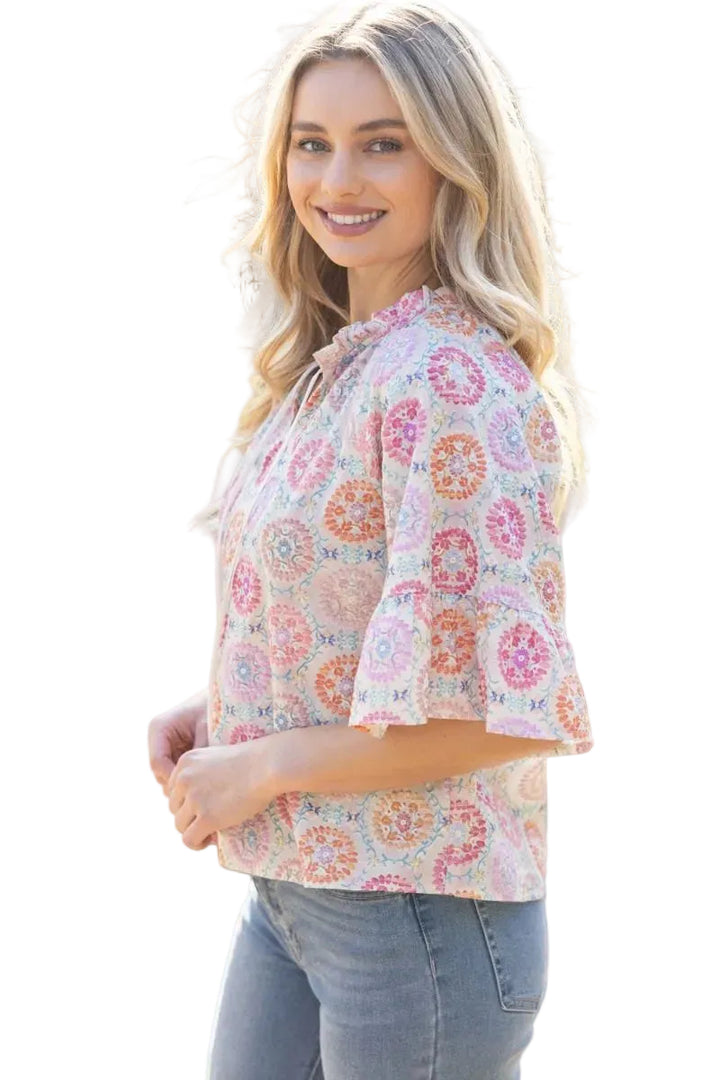 RAGLAN WIDE SLEEVE FLORAL EMBROIDERED TOP - PINK