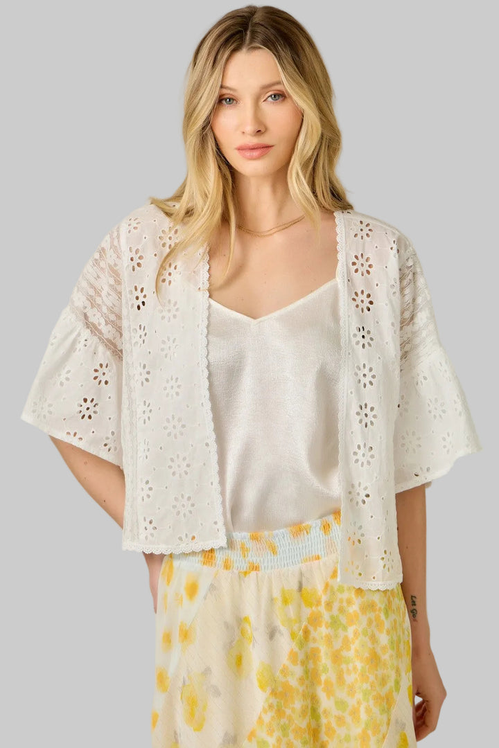 MIXED LACE KIMONO CARDIGAN - OFF WHITE