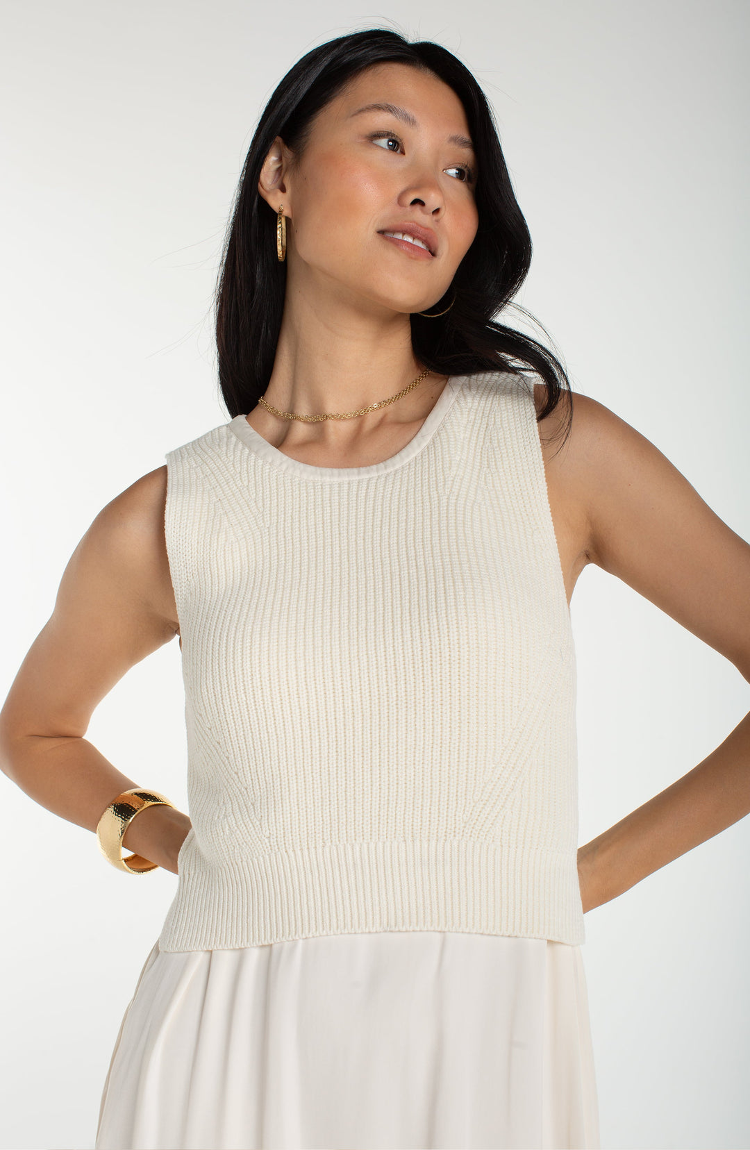 SLEEVELESS CREW NECK TIE BACK SWEATER WOVEN DRESS - CREAM