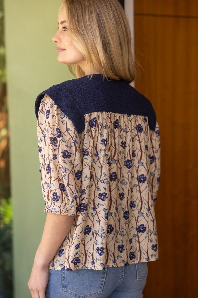 CONTRAST YOKE AND BOW FLORAL WOVEN TOP - NAVY