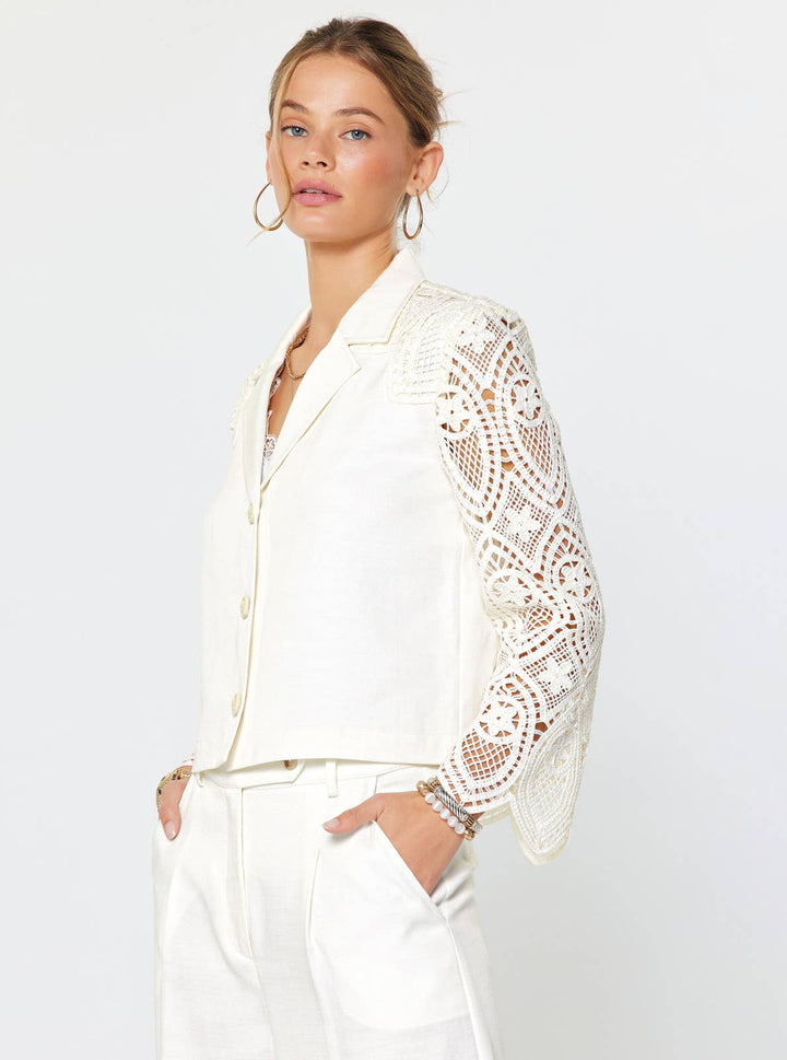 CROCHET LACE LONG SLEEVE CROPPED JACKET - IVORY