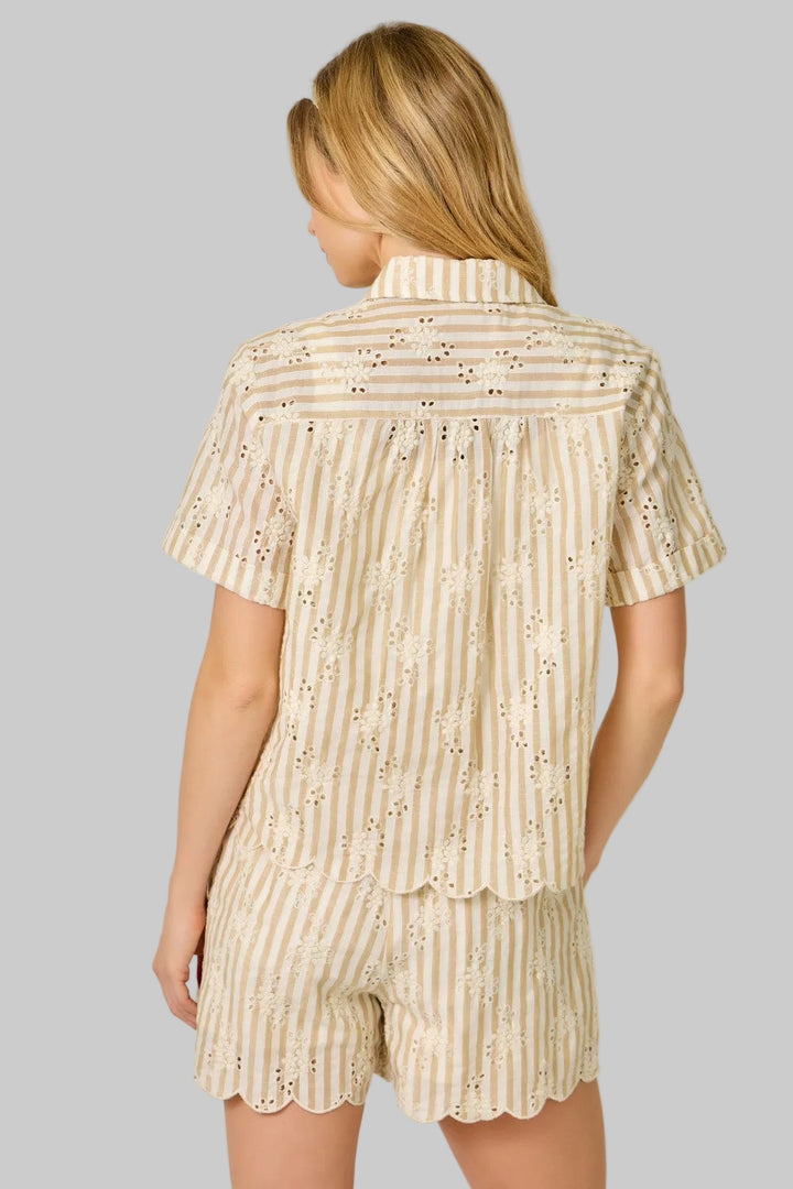 COLLARED PINSTRIPE EYELET BUTTON DOWN BLOUSE - TAUPE