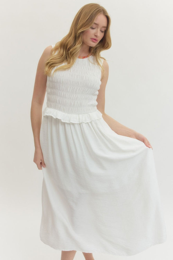 SLEEVELESS SMOCKED BODICE MAXI DRESS - IVORY