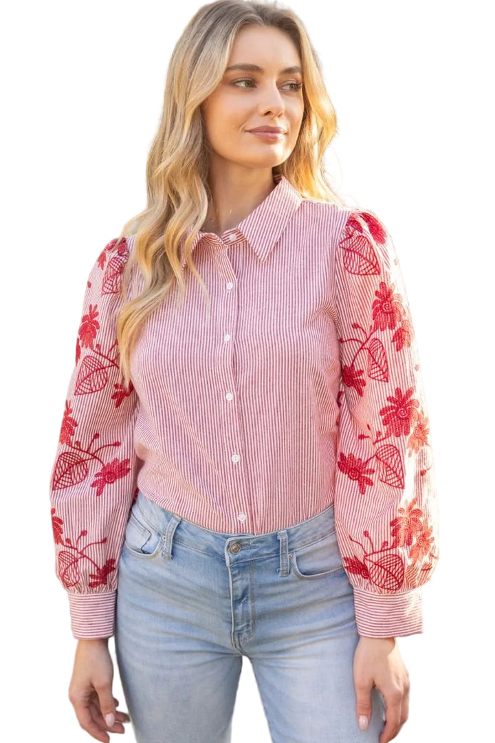 FLORAL EMBROIDERED SLEEVE BUTTON DOWN SHIRT - RED