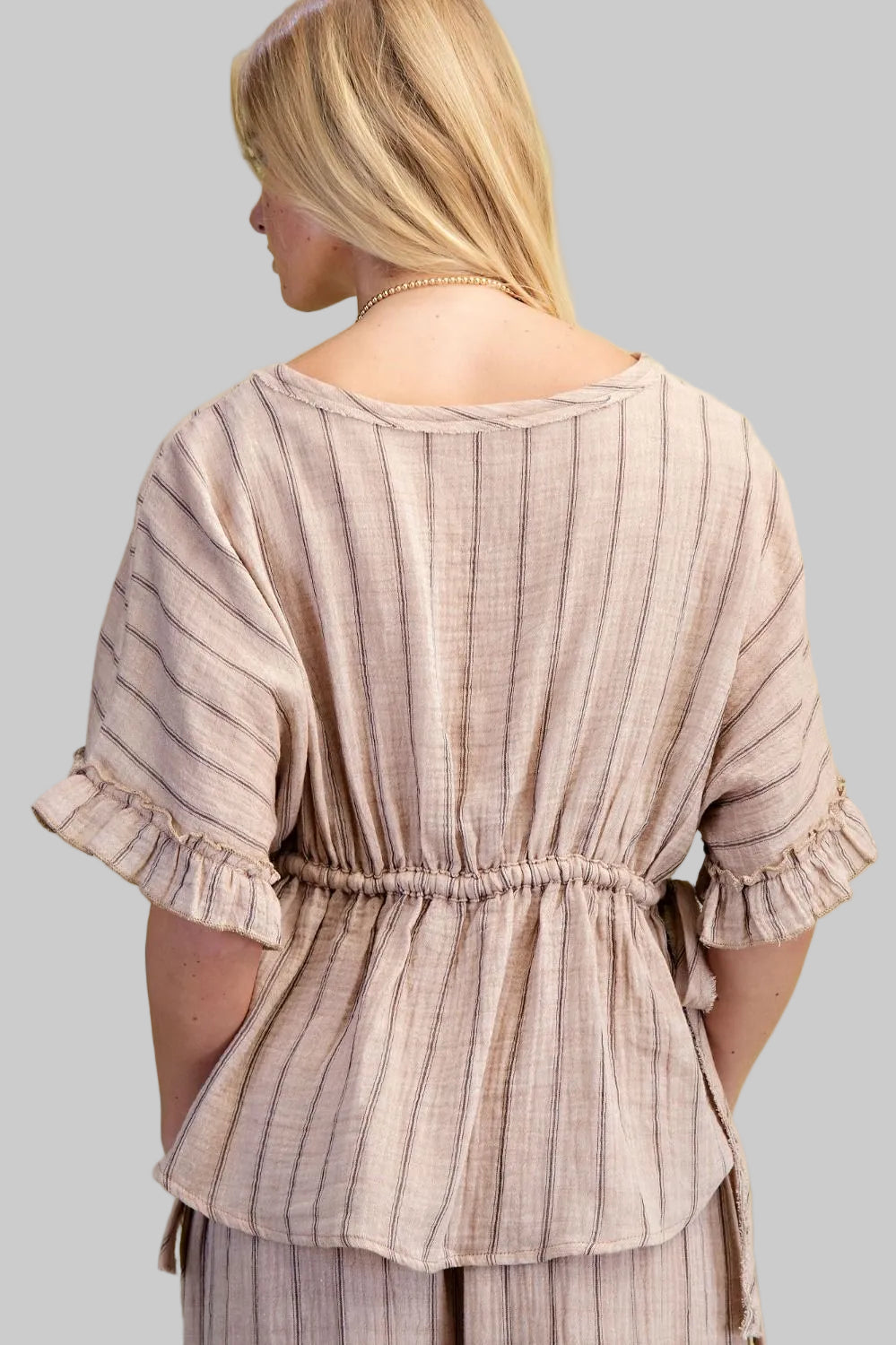WING SLEEVE STRIPED COTTON GAUZE TOP - MOCHA