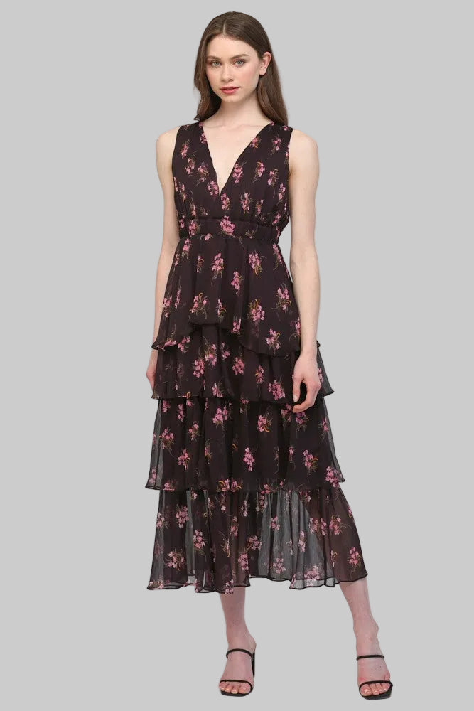 FLORAL PLEATED BODICE TIERED MAXI DRESS - BROWN MULTI