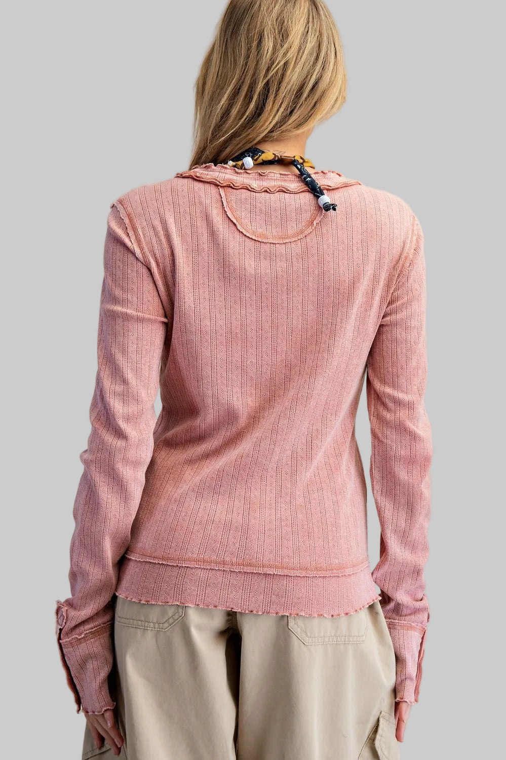 LONG SLEEVE TEXTURED MINERAL WASHED TOP - ANTIQUE ROSE