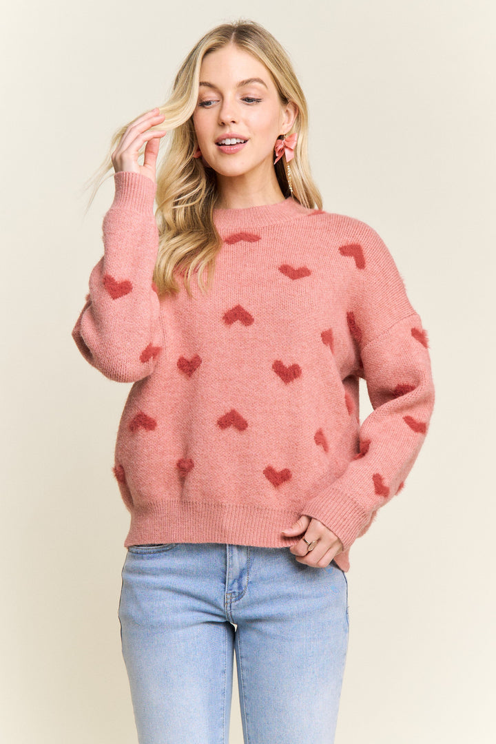 LONG SLEEVE HEARTS SOFT SWEATER - RED