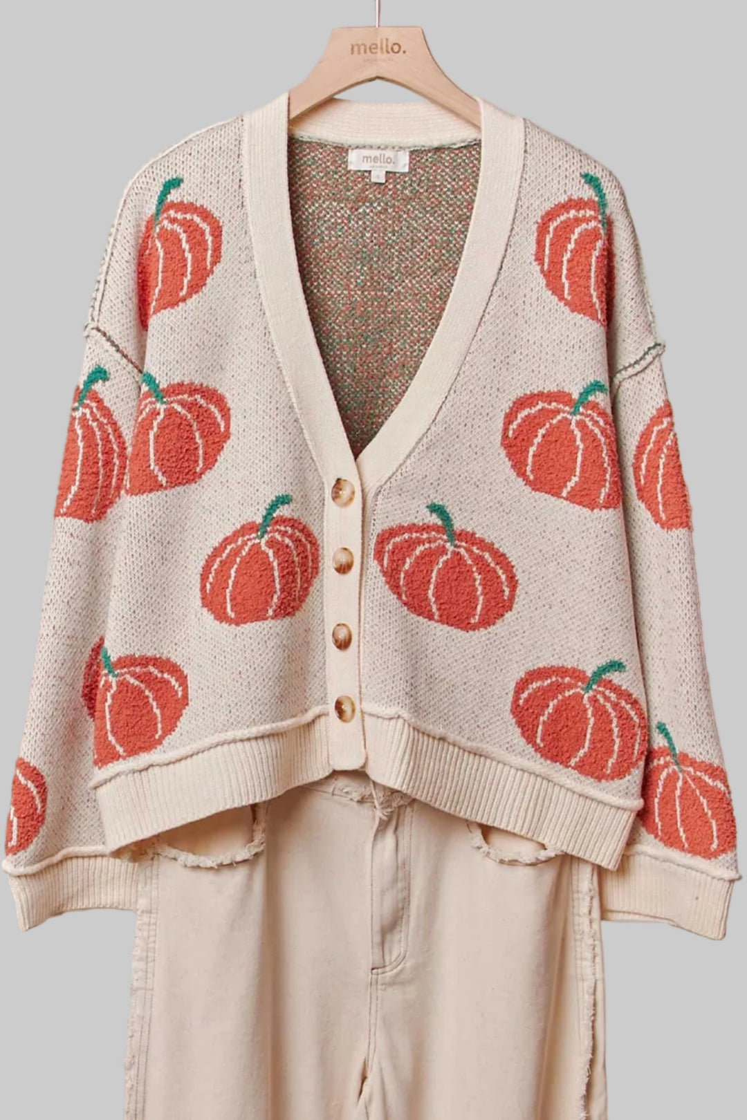 PUMPKIN BUTTON V-NECK KNIT CARDIGAN - IVORY