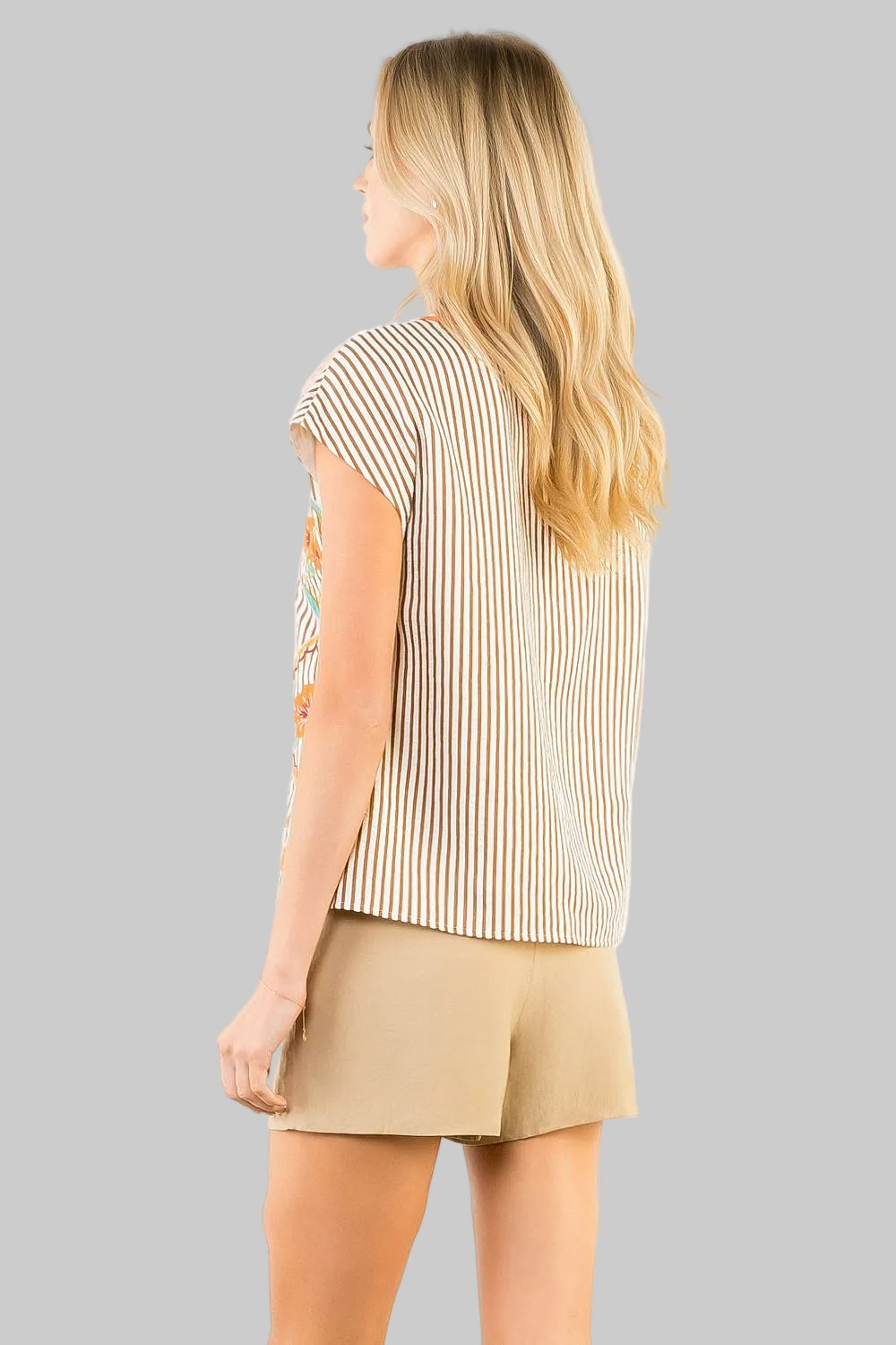 CONTRAST DIAMOND PATTERN STRIPED SHORT TOP - BEIGE/BROWN