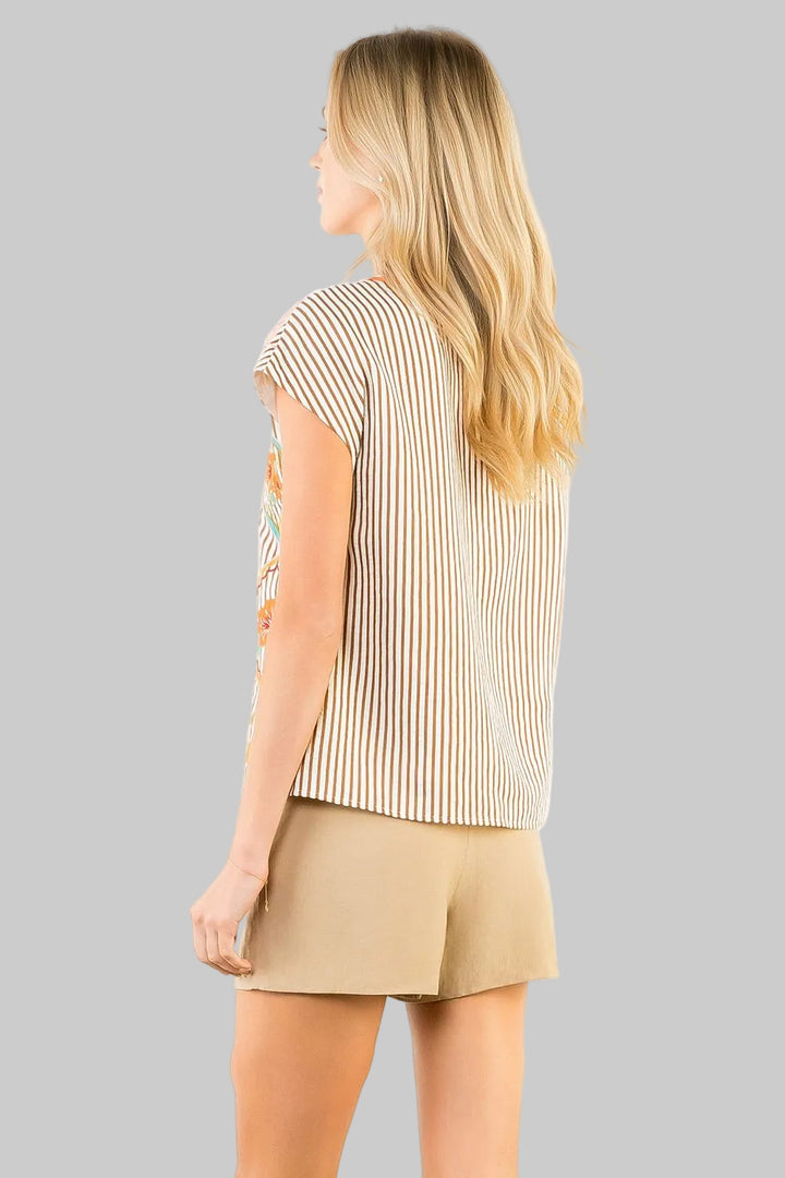 CONTRAST DIAMOND PATTERN STRIPED SHORT TOP - BEIGE/BROWN