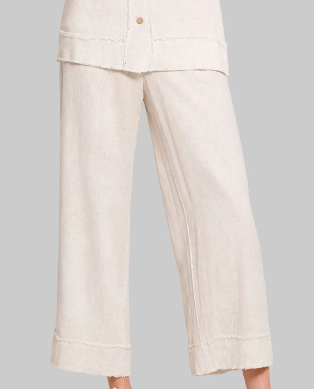 DRAWSTRING ELASTIC WAIST CROP FRINGE TRIM PANTS - FLAX