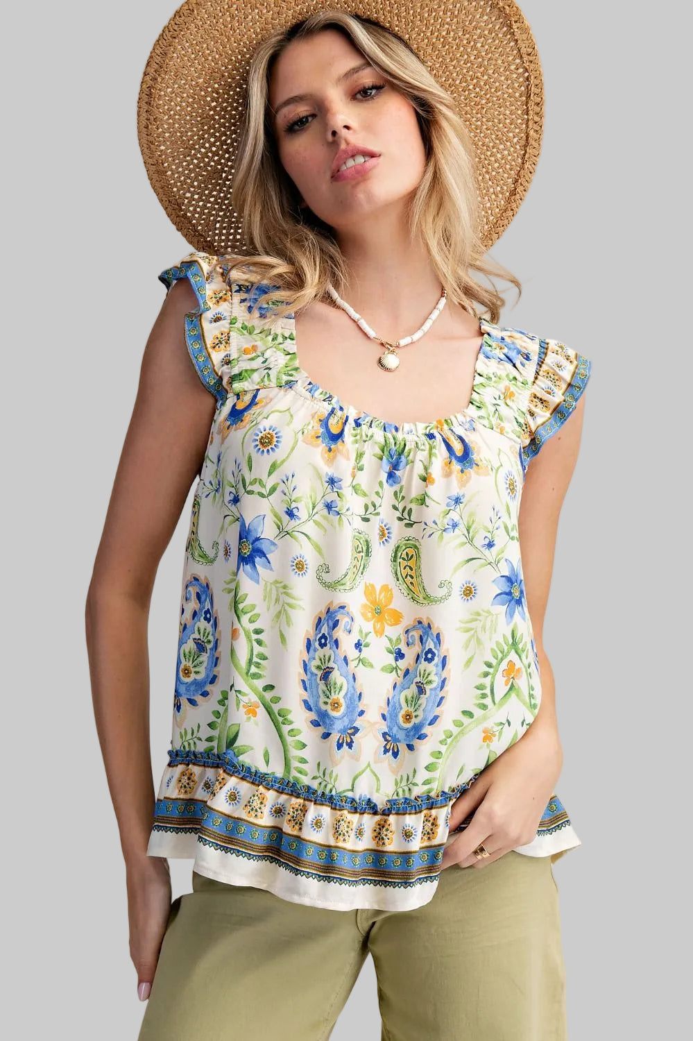 CAP SLEEVE PRINTED RAYON CHALLIS TOP - PINK