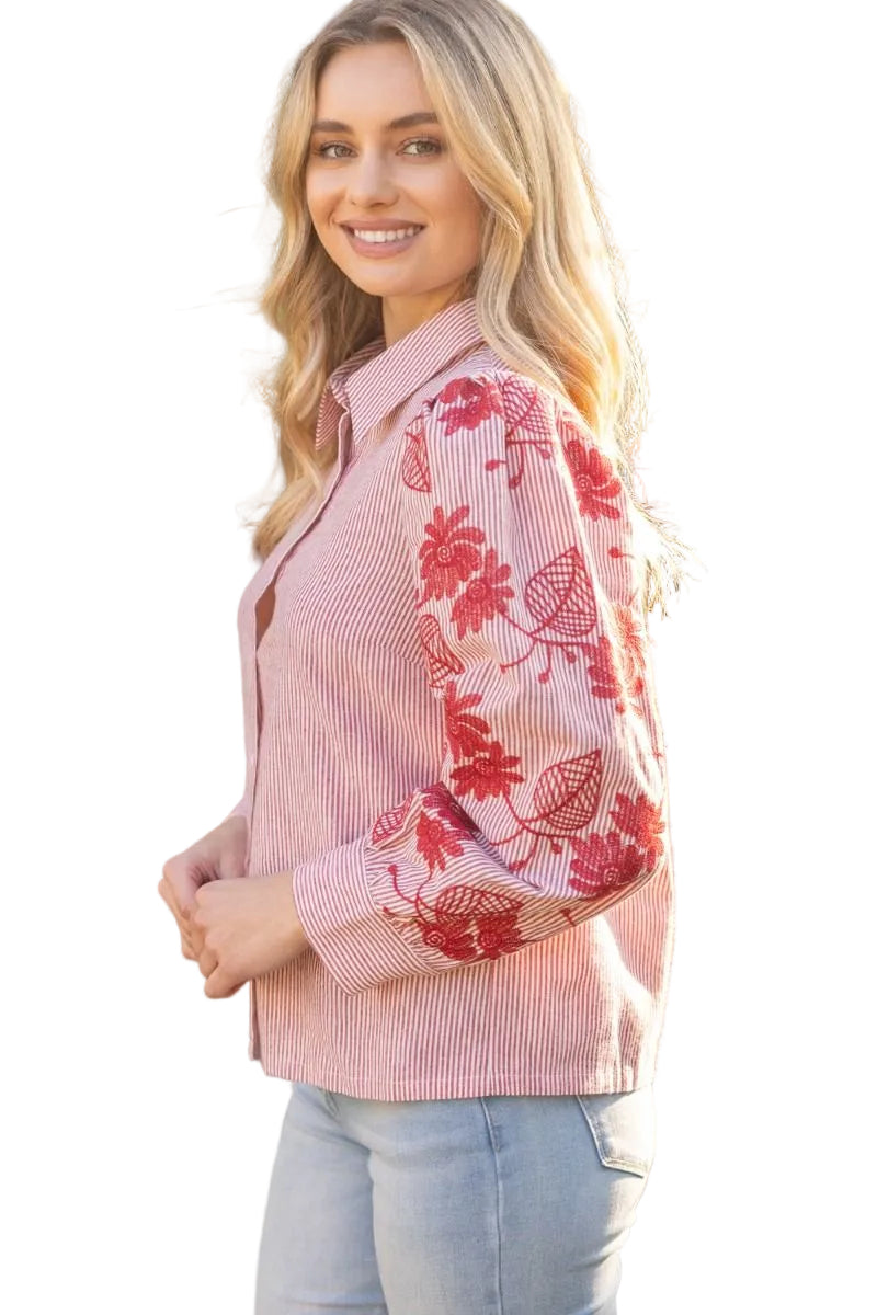 FLORAL EMBROIDERED SLEEVE BUTTON DOWN SHIRT - RED