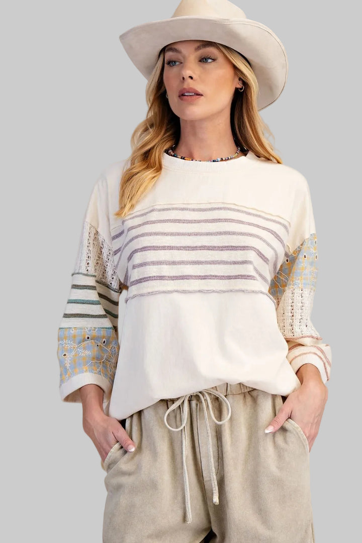 3/4 SLEEVE PRINTED WASHED BOXY TOP - IVORY