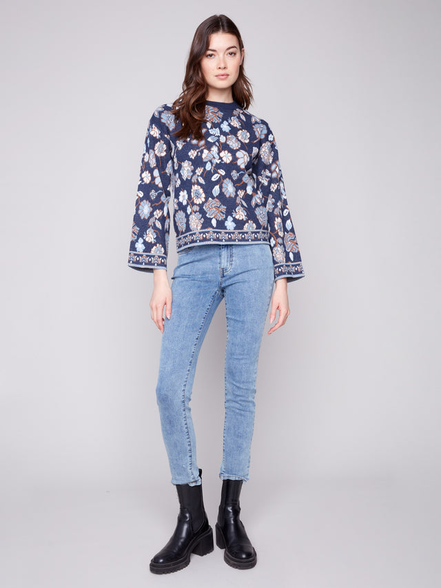 LONG SLEEVES CREW NECK JACQUARD SWEATER - FLORAL
