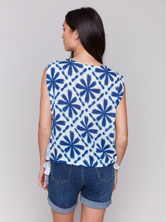 PRINTED SLEEVELESS CREW NECK TOP W/CORD - MOSAIC