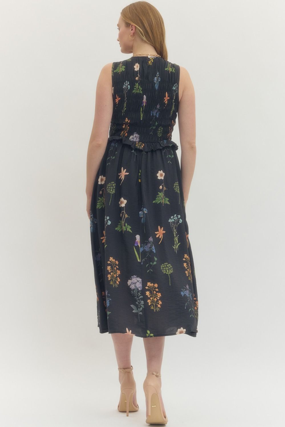 SLEEVELESS FLORAL PRINT MIDI DRESS - BLACK